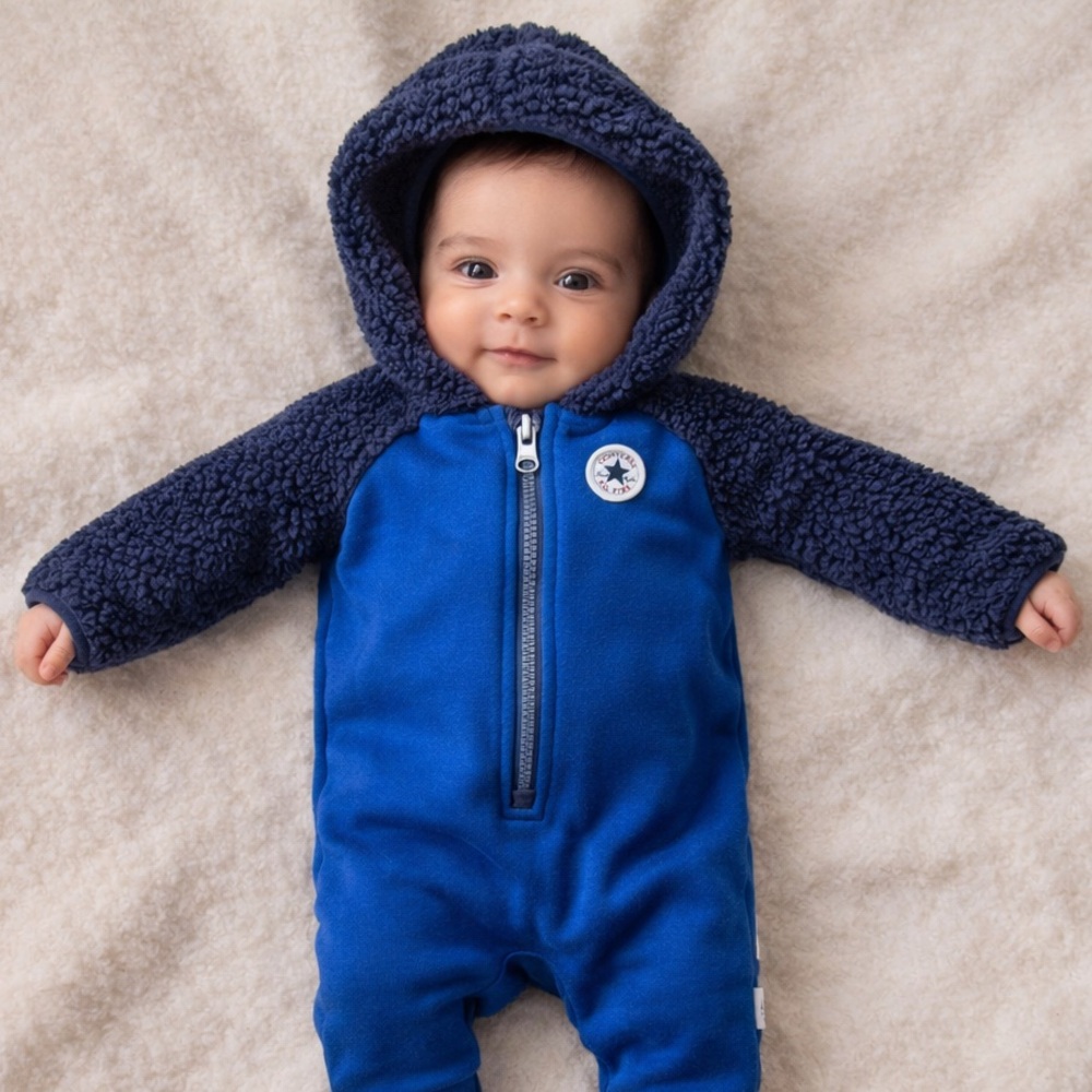 Converse Baby Sherpa Hooded Romper Blue Grey 0–3M Cozy One Piece